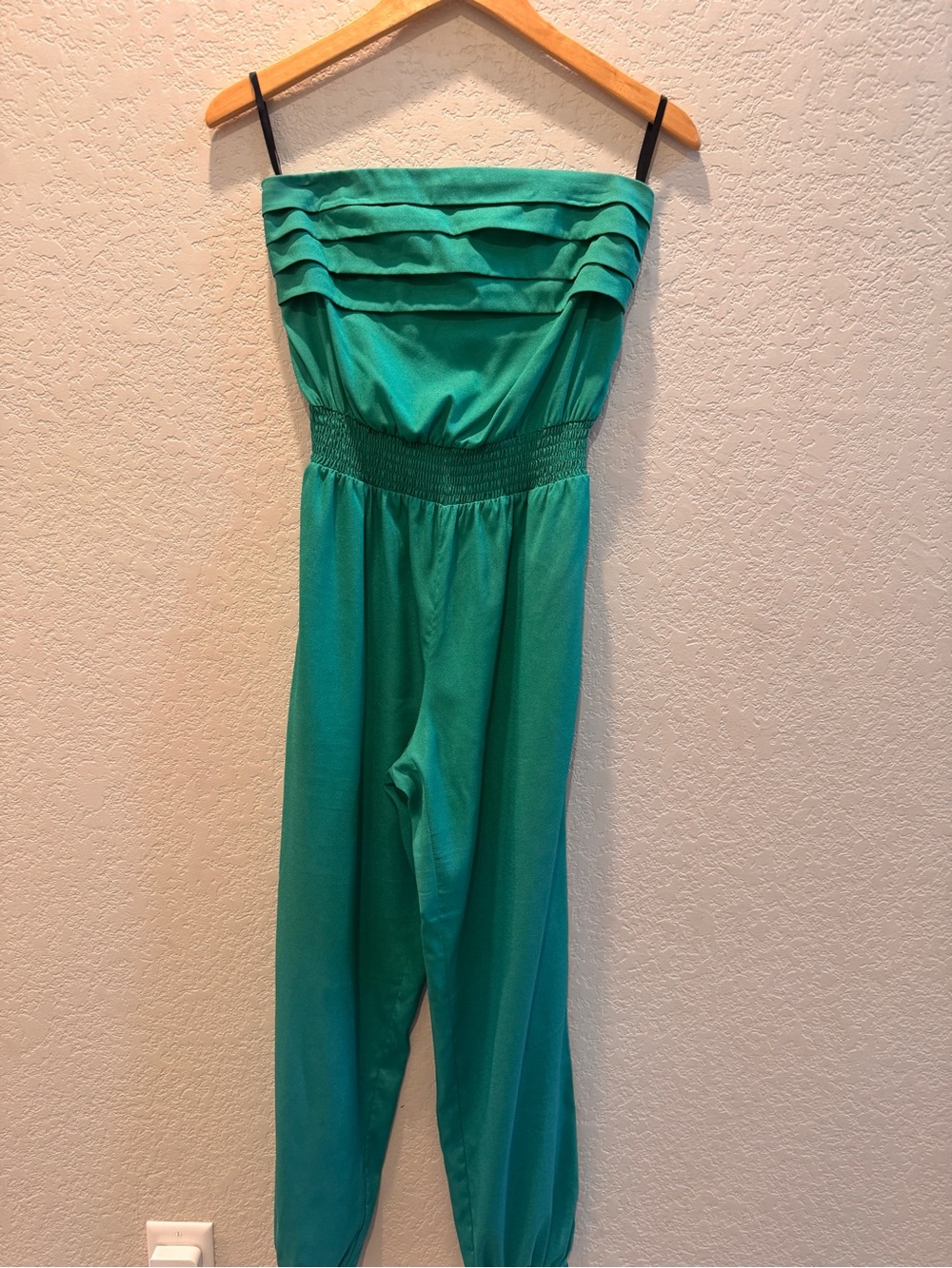 bebe Teal Strapless Jumpsuit with Tiered Bodice